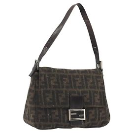 FENDI Zucca Canvas Mamma Baguette Schultertasche Wolle Braun Gold Auth 192244V