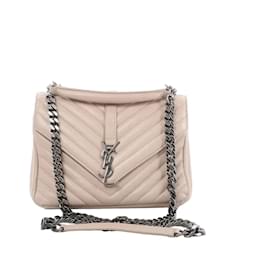 Autre Marque Saint Laurent Paris College Monogramme Leder Umhängetasche mit Kette Beige 428056