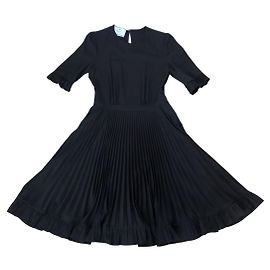 NUOVO ABITO PRADA P34J1 PLISSÉ EVASÉ 42 IT 38 40FR M MIDI LUNGO NERO