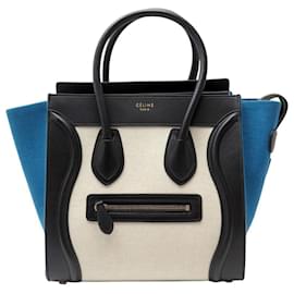 Céline NUOVO CELINE LUGGAGE MICRO PELLE NERA E TELA AZZURRO BEIGE HAND BAG