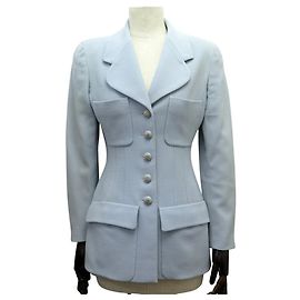 GIACCA CHANEL VINTAGE STRETTTA BOTTONI LOGO CC M 40 IN TWEED BLU