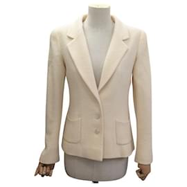 CHANEL TAILLIERTE JACKE Perlmuttknöpfe P20557V11746 S 36 Tweed Creme