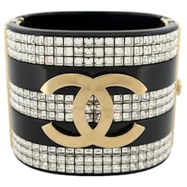 NUOVO BRACCIALE CHANEL MANCHETTA LOGO CC STRASS 15.5CM RESINA NERA BANGLE