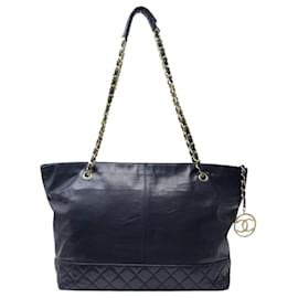VINTAGE CHANEL BORSA TOTE IN PELLE LISCIA E MATELASSÉ BLU