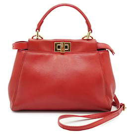 Red Nappa Leather Mini Peekaboo Bag Handbag with Strap - Fendi