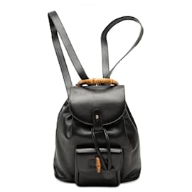 Mochila de cordón de piel de becerro negra con detalles de bambú Gucci