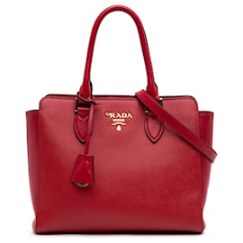 Prada Red Saffiano Convertible Tote mit weichem Kalbslederbesatz