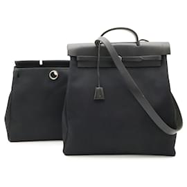 Borsa Hermes Herbag MM in Toile Officier e pelle nera - Hermès