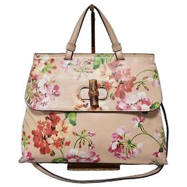 GUCCI Shangai Borsa a manico Small Bamboo in pelle di vitello con stampa Blooms Multicolore