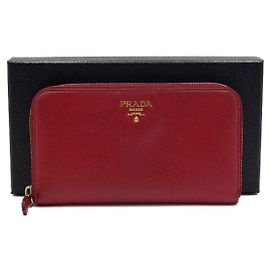 Prada Cartera Larga de Mujer de Metal Oro Rojo Saffiano con Cremallera