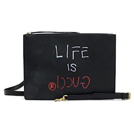 Gucci Clutch e borsa a tracolla crossbody in pelle nera con stampa Ghost Life