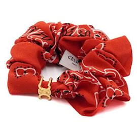 Americana Bandana roter Seiden-Scrunchie mit goldfarbenem Messing-Haarspange - Céline