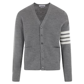 V-Ausschnitt-Cardigan aus diagonaler Merino-Waffelstruktur Hellgrau - Thom Browne