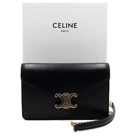 Borsa a tracolla Triofee Margot in pelle di vitello nera lucida con catena dorata - Céline