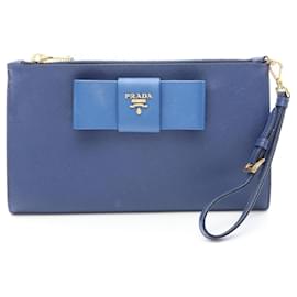 Pochette Prada Ribbon in pelle Saffiano blu navy