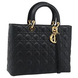Borsa Christian Dior Lady Dior Canage in pelle di agnello 2way Nero Oro Auth 194922SAM