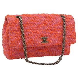 CHANEL Matelasse 25 Chain Shoulder Bag Tweed Orange Gold Tone CC Auth BA14597SAM