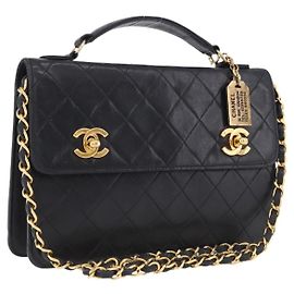 CHANEL Matelasse Chain Shoulder Bag Lamb Skin 2way Black Gold CC Auth 194687SAM