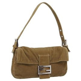 Borsa a tracolla FENDI Mamma Baguette in velluto a coste beige argento Auth 193421V