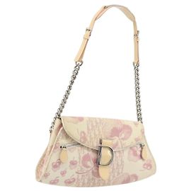 Bolsa de ombro Christian Dior Saddle em lona rosa com corrente prateada Autêntica 194136