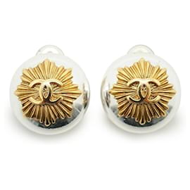 Orecchini a clip Vintage Gold Silver CC Sunburst in ottone argentato - Chanel