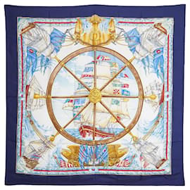 Sciarpa in seta vintage Hermès Blu Vive le Vent 1992 Toutsy Bourthoumieux