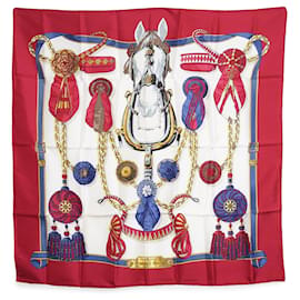 Hermès Hermes Vintage Red Frontaux et Cocardes 1968 Caty Latham Sciarpa in seta