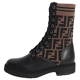 Schwarze und braune Stiefel mit Zucca-Print - Größe EU 36.5 (UK 3.5) - Fendi