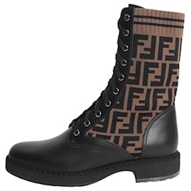 Schwarze und braune Stiefel mit Zucca-Print - Größe EU 41 (UK 8) - Fendi