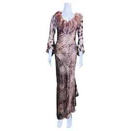 Autre Marque Robe Maxi Clips Vintage Imprimé Léopard et Tigre avec Col en Fourrure