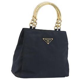 Bolso de mano con cadena PRADA Nylon Navy Gold Auth 193568A