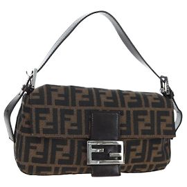 FENDI Zucca Canvas Mamma Baguette Borsa a Spalla Marrone Nero Auth 192460M