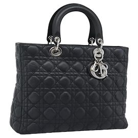 Borsa Christian Dior Lady Dior Canage in pelle di agnello nera con dettagli argento Auth 194856V