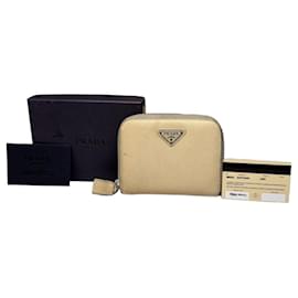 Portefeuille zippé en cuir Saffiano vintage Prada Crème Argent