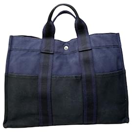 Hermès Tote in tela di cotone vintage Hermes Blu navy Nero Argento