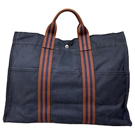 Tote in cotone vintage Hermès Navy Rust Silver