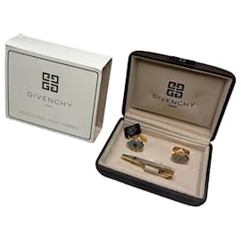 Vintage Givenchy Logo Manschettenknöpfe und Krawattennadel Set Gold Silber