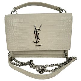 Portafoglio con catena Sunset in pelle color crema con stampa coccodrillo Saint Laurent