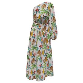 Vestido midi de um ombro só Farm Rio Tropical Paradise em linho multicolorido