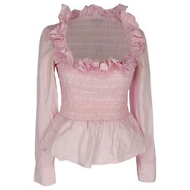 Camicetta a maniche lunghe arricciata in cotone rosa Ganni