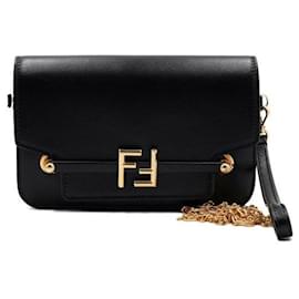 Borsa a tracolla e crossbody in pelle nera con logo FF e catena dorata - Fendi