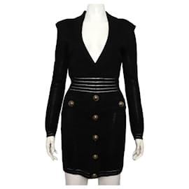 Schwarzes Strickkleid mit langen Ärmeln und goldenen Knöpfen - Balmain
