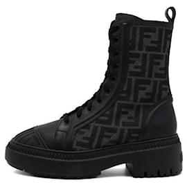 Stivaletti combat Domino in pelle jacquard FF nera da donna - Fendi