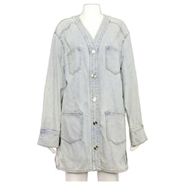 Giacca lunga in denim con bottoni argentati - Chanel