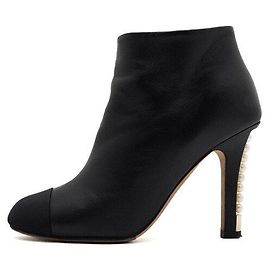 Chanel Black Leather CC Gold Pearl Heel Women's Ankle Boots
