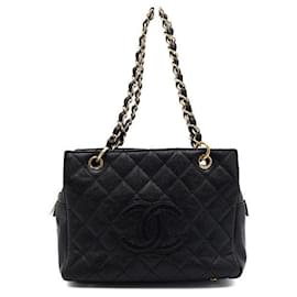Chanel Borsa Tote Timeless CC in Caviar Nero con Catena Quadrata Oro, Borsa a Spalla