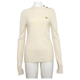Louis Vuitton Beiges Strick-T-Shirt mit goldenen Knöpfen und Logo-Details