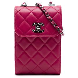 Portacellulare a tracolla Chanel Pink CC in agnello trapuntato