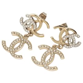Orecchini Chanel Gold Gold Plated Strass and Faux Pearl Double CC Drop Push Back