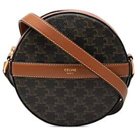 Celine Brown Triomphe Coated Canvas Round Purse on Strap - Céline